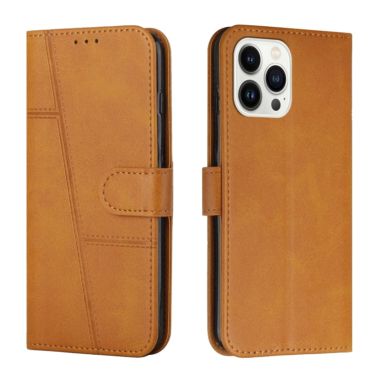 For iPhone 15 Pro Max Stitching Calf Texture Buckle Leather Phone Case(Yellow) - HoMEdemic™ 