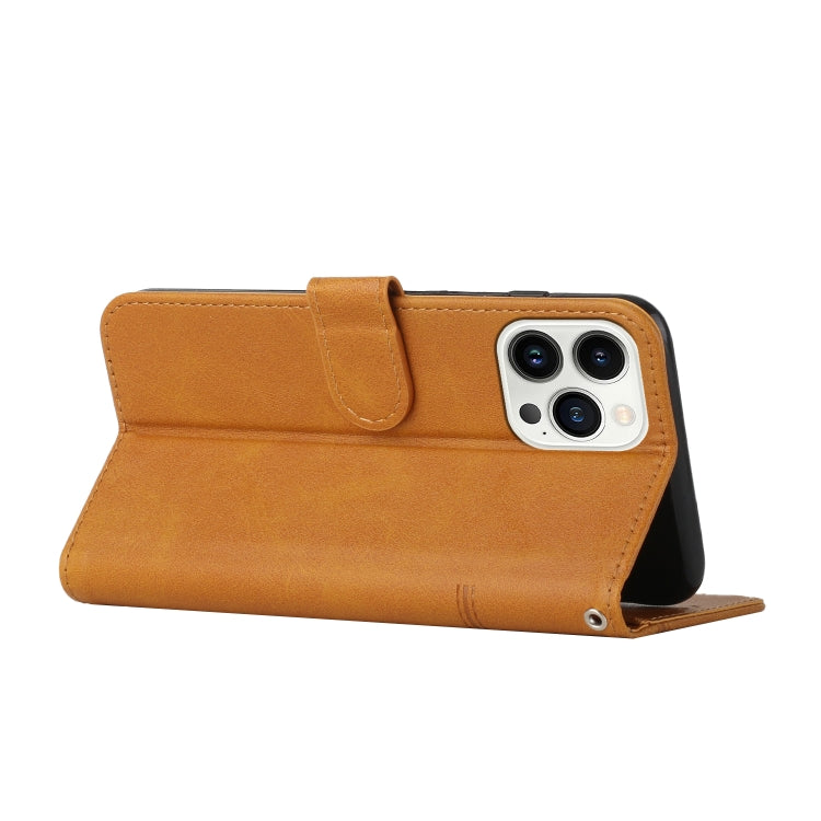For iPhone 15 Pro Max Stitching Calf Texture Buckle Leather Phone Case(Yellow) - HoMEdemic™ 
