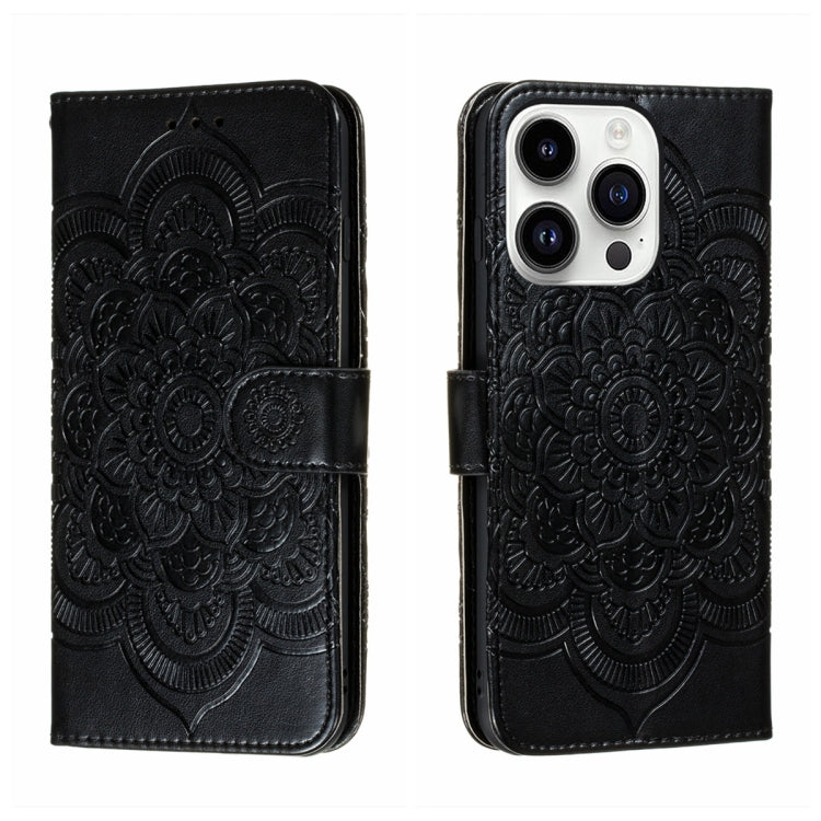 For iPhone 15 Pro Max Sun Mandala Embossing Leather Phone Case(Black) - HoMEdemic™ 