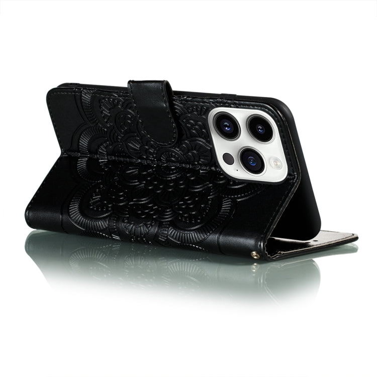 For iPhone 15 Pro Max Sun Mandala Embossing Leather Phone Case(Black) - HoMEdemic™ 