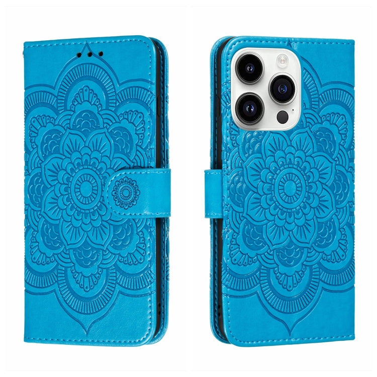 For iPhone 15 Pro Max Sun Mandala Embossing Leather Phone Case(Blue) - HoMEdemic™ 