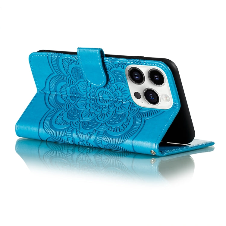 For iPhone 15 Pro Max Sun Mandala Embossing Leather Phone Case(Blue) - HoMEdemic™ 