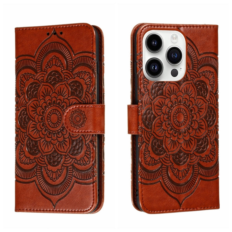 For iPhone 15 Pro Max Sun Mandala Embossing Leather Phone Case(Brown) - HoMEdemic™ 