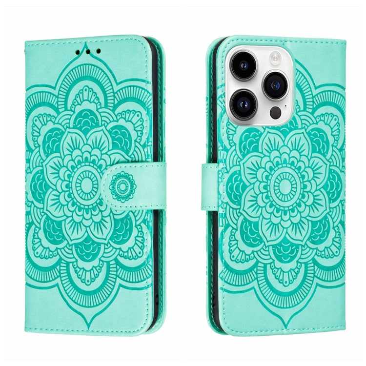 For iPhone 15 Pro Max Sun Mandala Embossing Leather Phone Case(Green) - HoMEdemic™ 