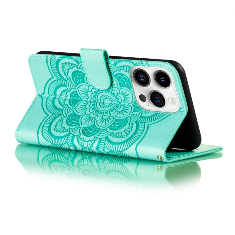 For iPhone 15 Pro Max Sun Mandala Embossing Leather Phone Case(Green) - HoMEdemic™ 