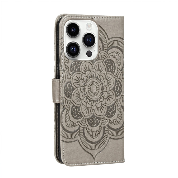 For iPhone 15 Pro Max Sun Mandala Embossing Leather Phone Case(Grey) - HoMEdemic™ 