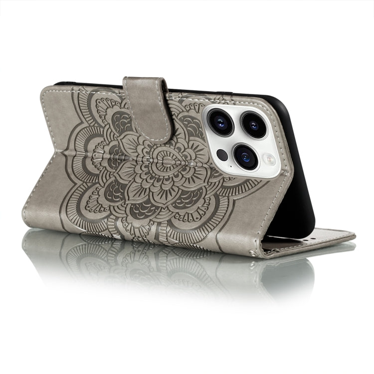 For iPhone 15 Pro Max Sun Mandala Embossing Leather Phone Case(Grey) - HoMEdemic™ 