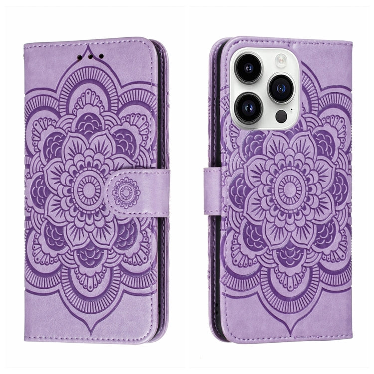 For iPhone 15 Pro Max Sun Mandala Embossing Leather Phone Case(Purple) - HoMEdemic™ 