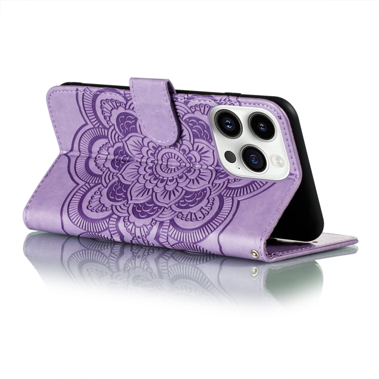 For iPhone 15 Pro Max Sun Mandala Embossing Leather Phone Case(Purple) - HoMEdemic™ 