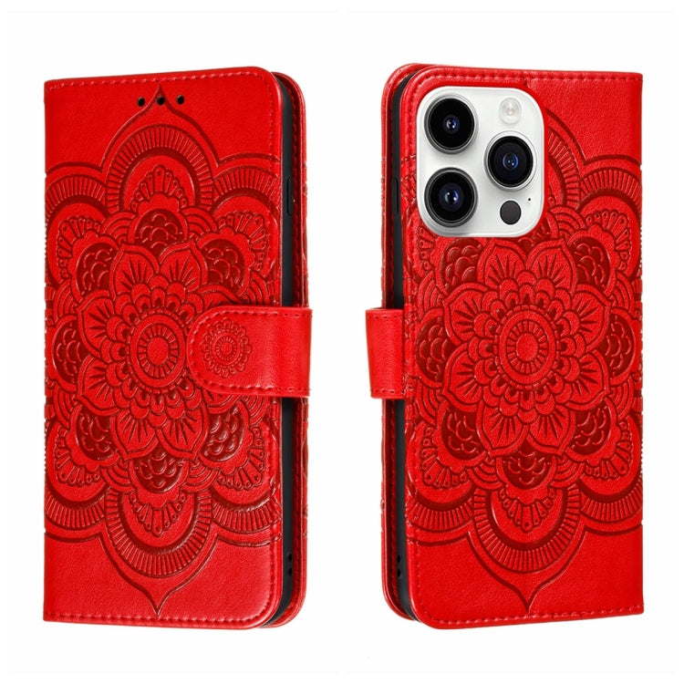 For iPhone 15 Pro Max Sun Mandala Embossing Leather Phone Case(Red) - HoMEdemic™ 