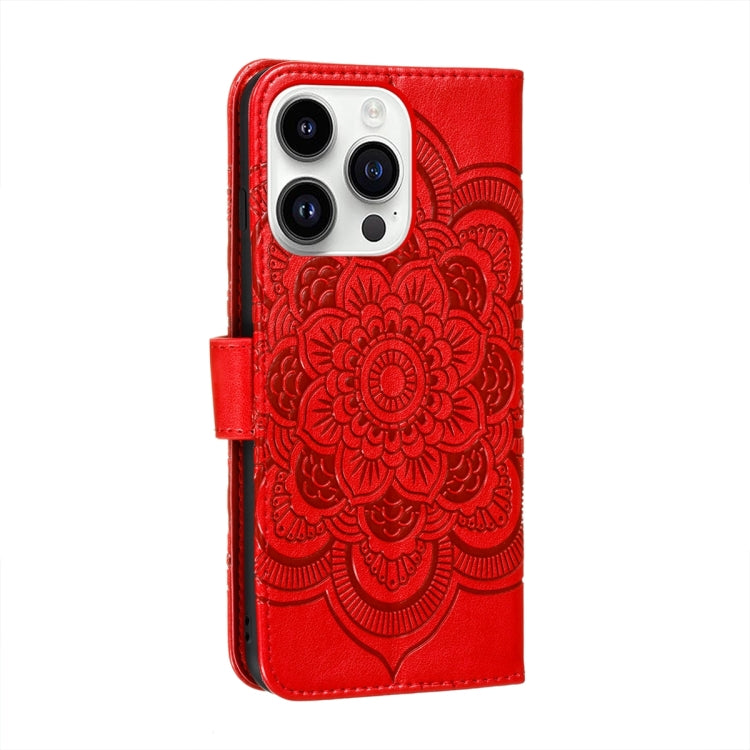 For iPhone 15 Pro Max Sun Mandala Embossing Leather Phone Case(Red) - HoMEdemic™ 