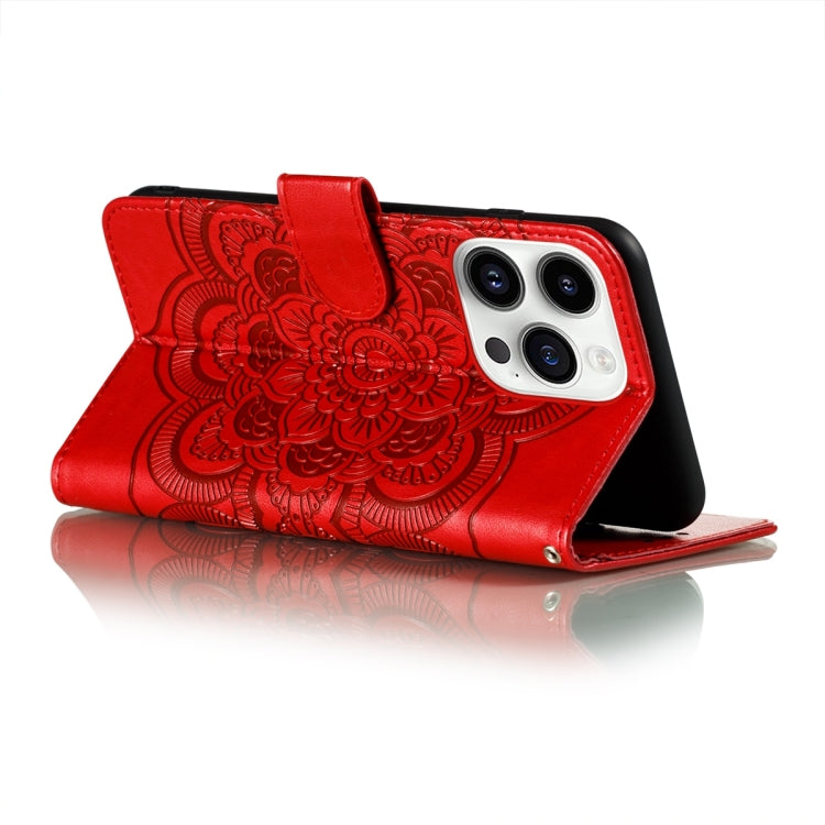 For iPhone 15 Pro Max Sun Mandala Embossing Leather Phone Case(Red) - HoMEdemic™ 