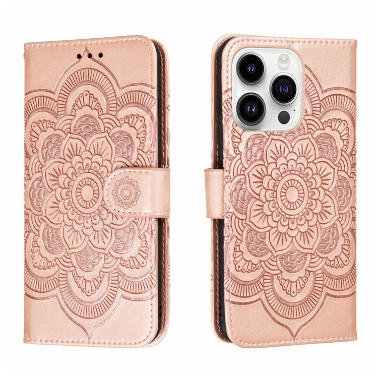 For iPhone 15 Pro Max Sun Mandala Embossing Leather Phone Case(Rose Gold) - HoMEdemic™ 