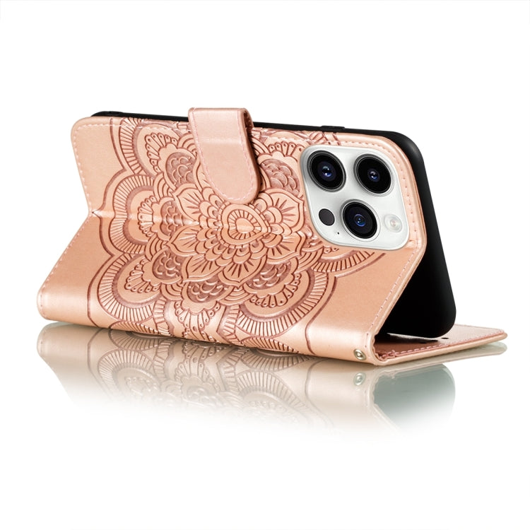 For iPhone 15 Pro Max Sun Mandala Embossing Leather Phone Case(Rose Gold) - HoMEdemic™ 