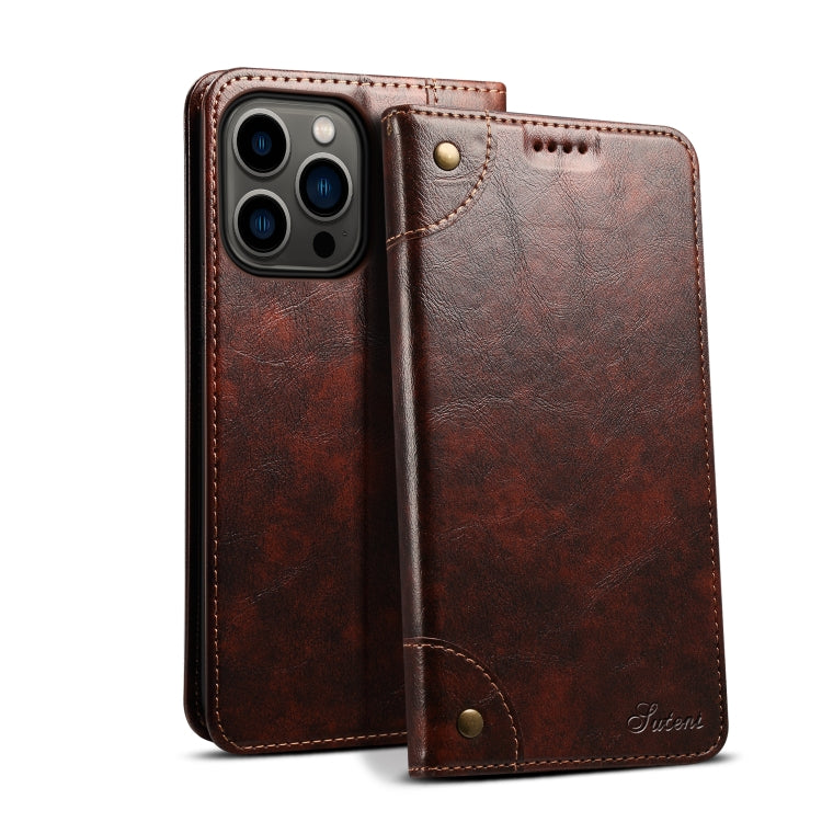 For iPhone 15 Pro Max Suteni Baroque Calf Texture Buckle Wallet Leather Phone Case(Brown) - HoMEdemic™ 