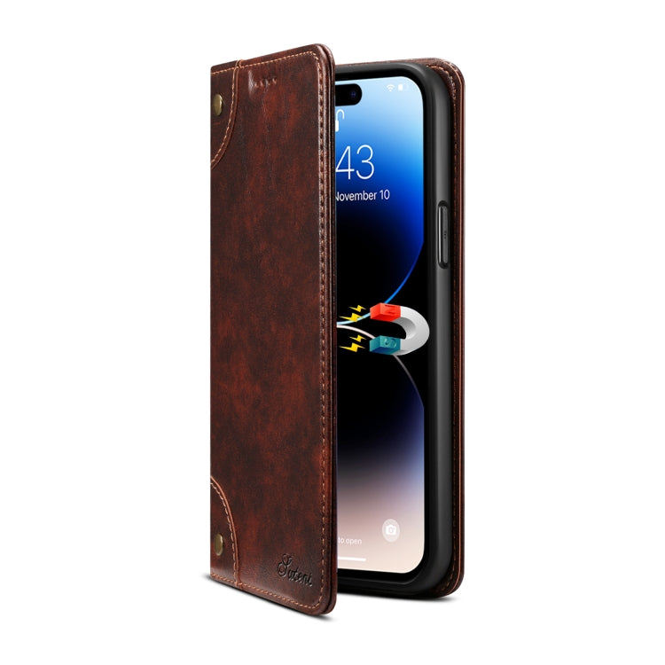 For iPhone 15 Pro Max Suteni Baroque Calf Texture Buckle Wallet Leather Phone Case(Brown) - HoMEdemic™ 