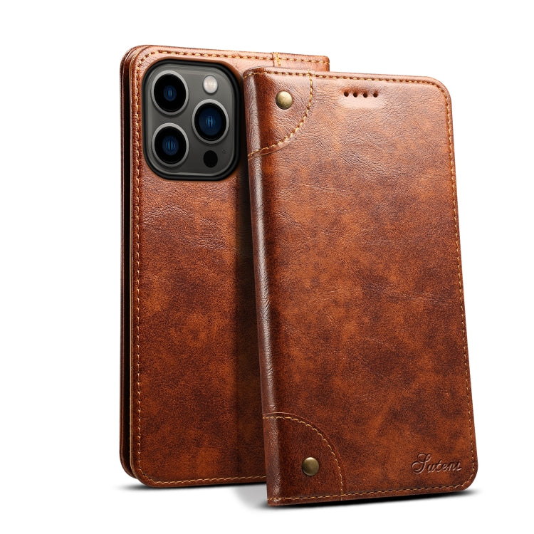 For iPhone 15 Pro Max Suteni Baroque Calf Texture Buckle Wallet Leather Phone Case(Khaki) - HoMEdemic™ 