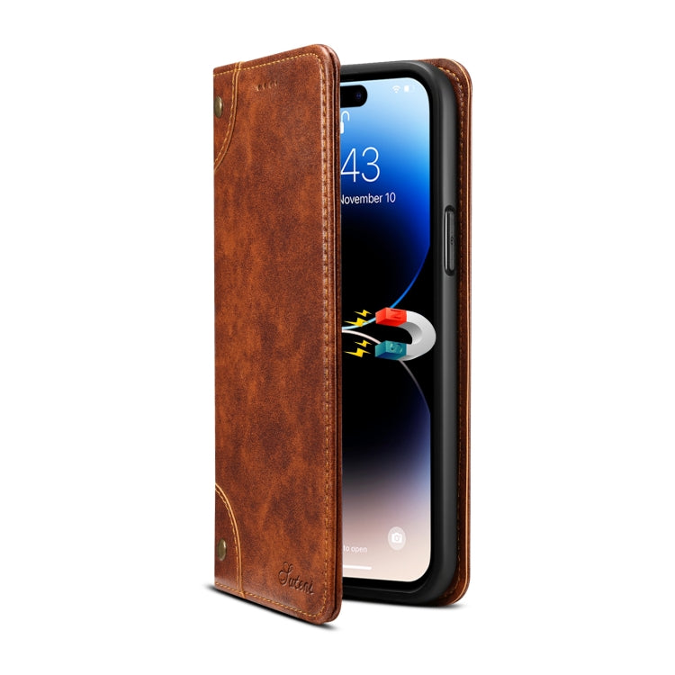 For iPhone 15 Pro Max Suteni Baroque Calf Texture Buckle Wallet Leather Phone Case(Khaki) - HoMEdemic™ 