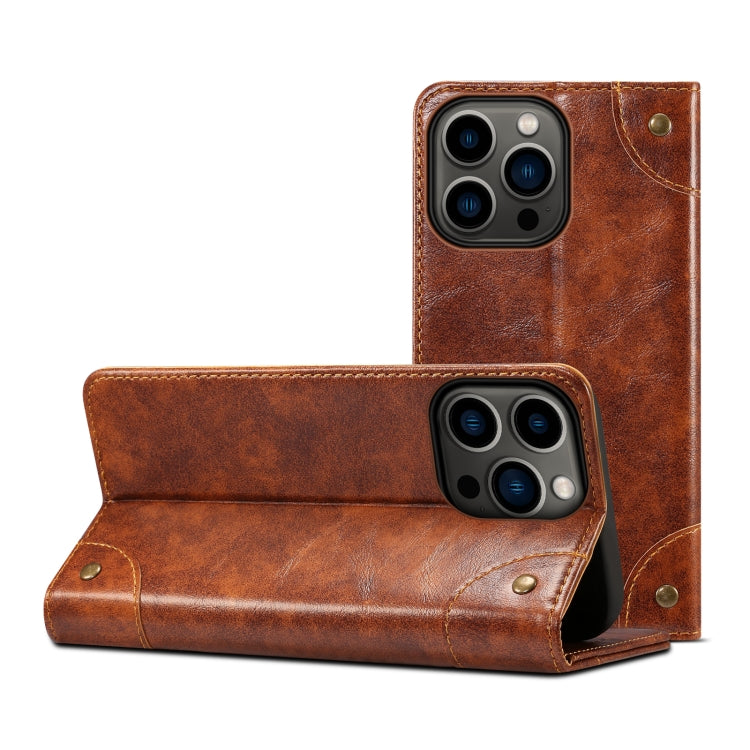 For iPhone 15 Pro Max Suteni Baroque Calf Texture Buckle Wallet Leather Phone Case(Khaki) - HoMEdemic™ 