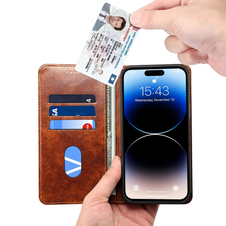 For iPhone 15 Pro Max Suteni Baroque Calf Texture Buckle Wallet Leather Phone Case(Khaki) - HoMEdemic™ 