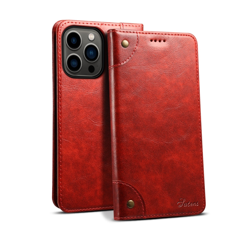 For iPhone 15 Pro Max Suteni Baroque Calf Texture Buckle Wallet Leather Phone Case(Red) - HoMEdemic™ 