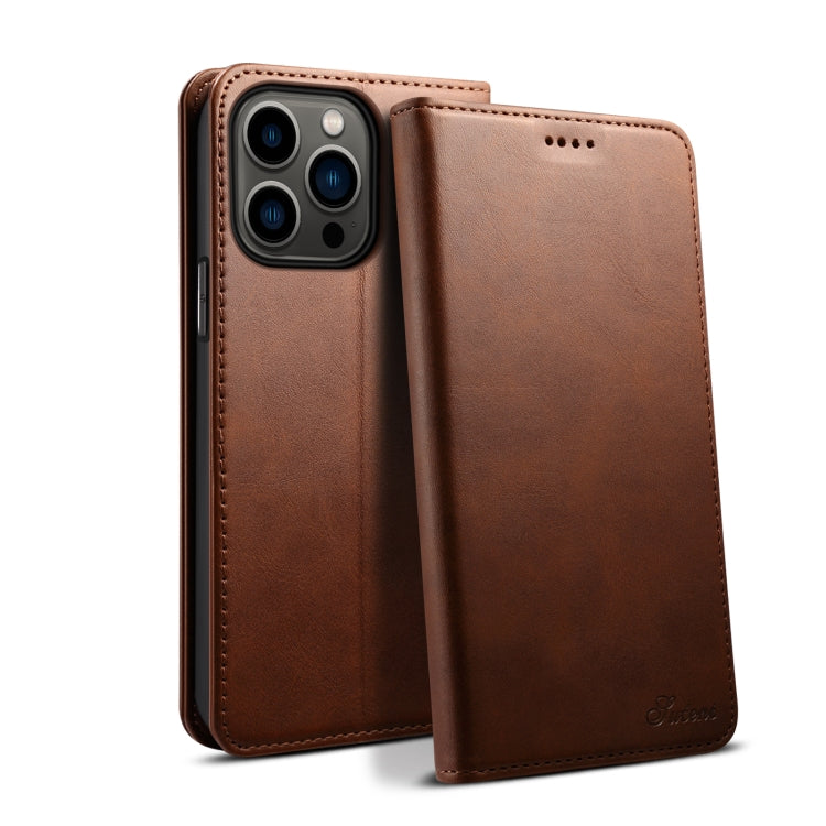 For iPhone 15 Pro Max Suteni Calf Texture Horizontal Flip Leather Phone Case(Brown) - HoMEdemic™ 