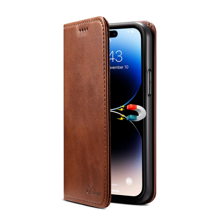 For iPhone 15 Pro Max Suteni Calf Texture Horizontal Flip Leather Phone Case(Brown) - HoMEdemic™ 