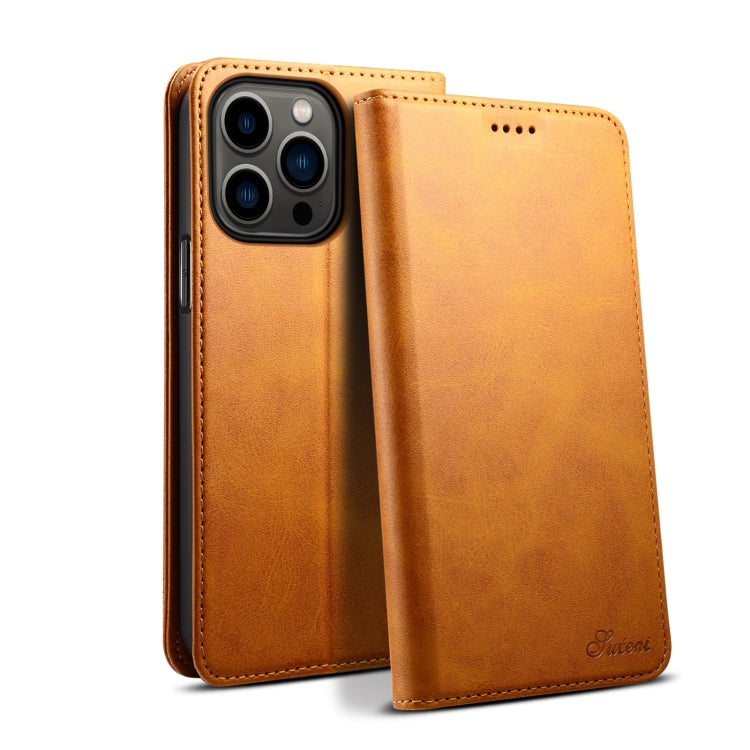 For iPhone 15 Pro Max Suteni Calf Texture Horizontal Flip Leather Phone Case(Khaki) - HoMEdemic™ 