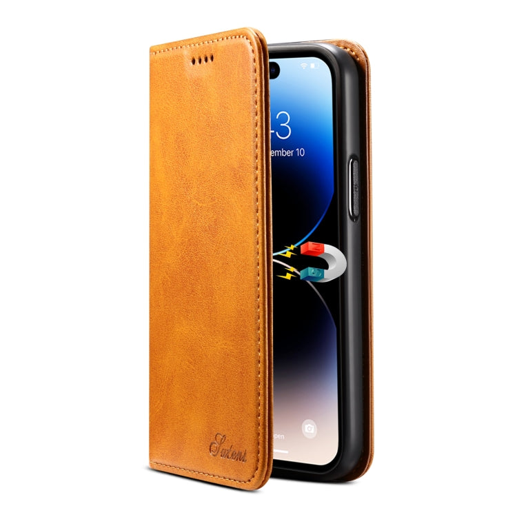 For iPhone 15 Pro Max Suteni Calf Texture Horizontal Flip Leather Phone Case(Khaki) - HoMEdemic™ 