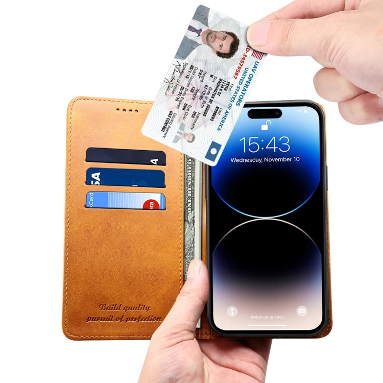 For iPhone 15 Pro Max Suteni Calf Texture Horizontal Flip Leather Phone Case(Khaki) - HoMEdemic™ 