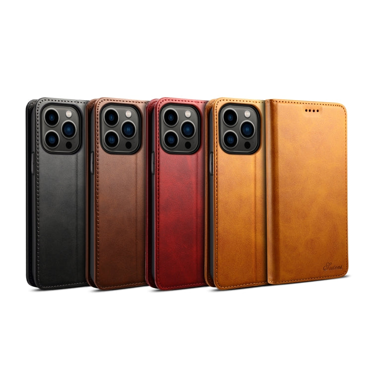 For iPhone 15 Pro Max Suteni Calf Texture Horizontal Flip Leather Phone Case(Khaki) - HoMEdemic™ 