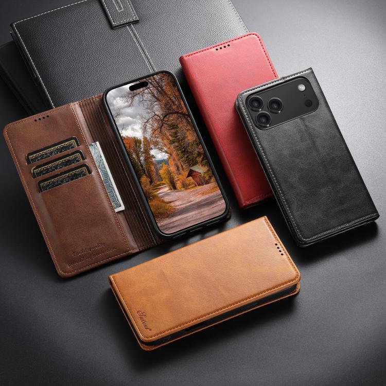 For iPhone 15 Pro Max Suteni Calf Texture Horizontal Flip Leather Phone Case(Khaki) - HoMEdemic™ 