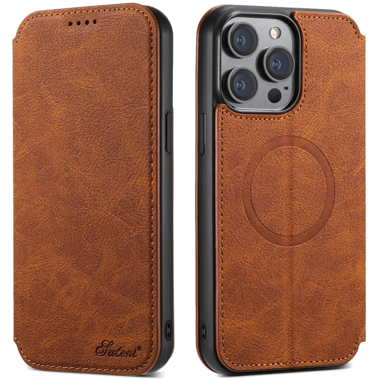 For iPhone 15 Pro Max Suteni J06 Retro Matte Litchi Texture Leather MagSafe Phone Case(Khaki) - HoMEdemic™ 