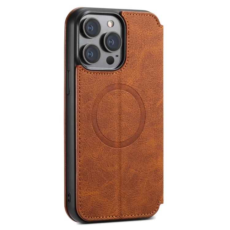 For iPhone 15 Pro Max Suteni J06 Retro Matte Litchi Texture Leather MagSafe Phone Case(Khaki) - HoMEdemic™ 