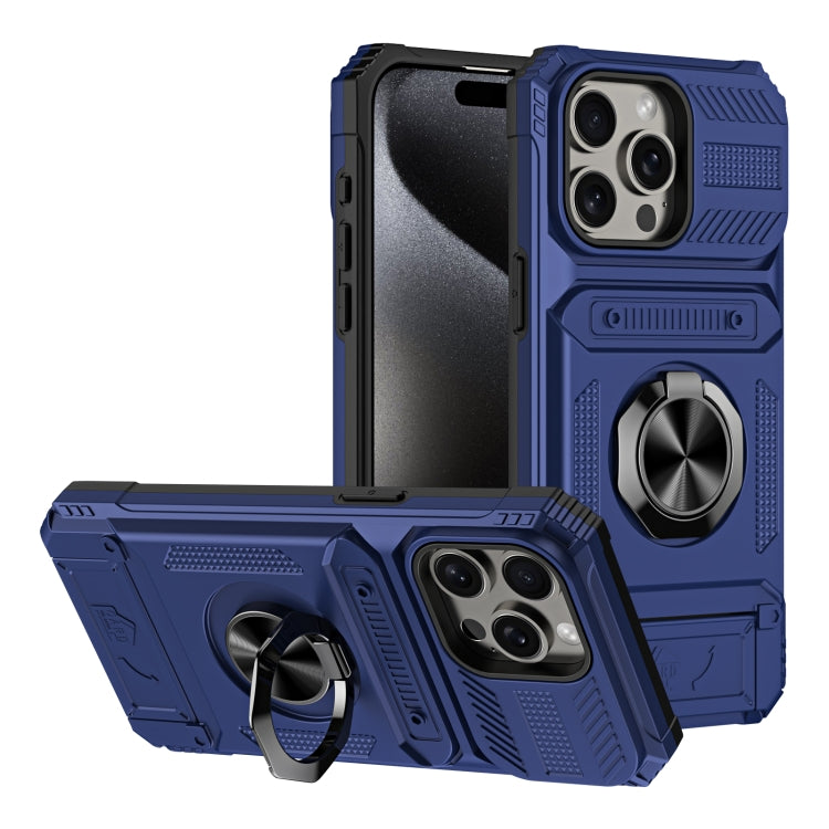 For iPhone 15 Pro Max TPU+PC Shockproof Card Phone Case with Metal Ring Holder(Blue) - HoMEdemic™ 