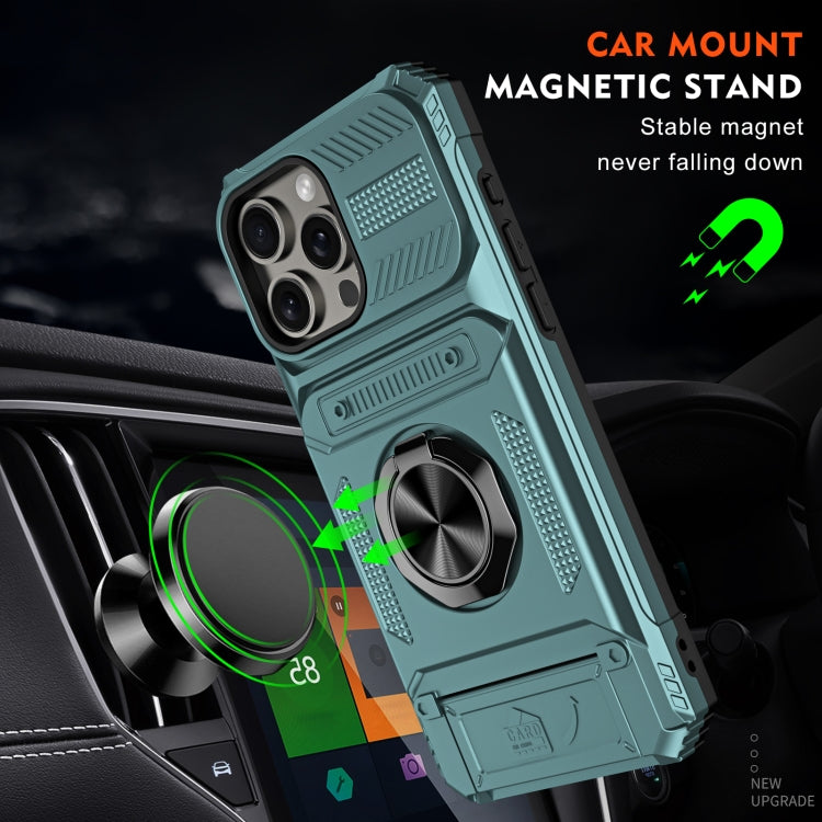 For iPhone 15 Pro Max TPU+PC Shockproof Card Phone Case with Metal Ring Holder(Green) - HoMEdemic™ 