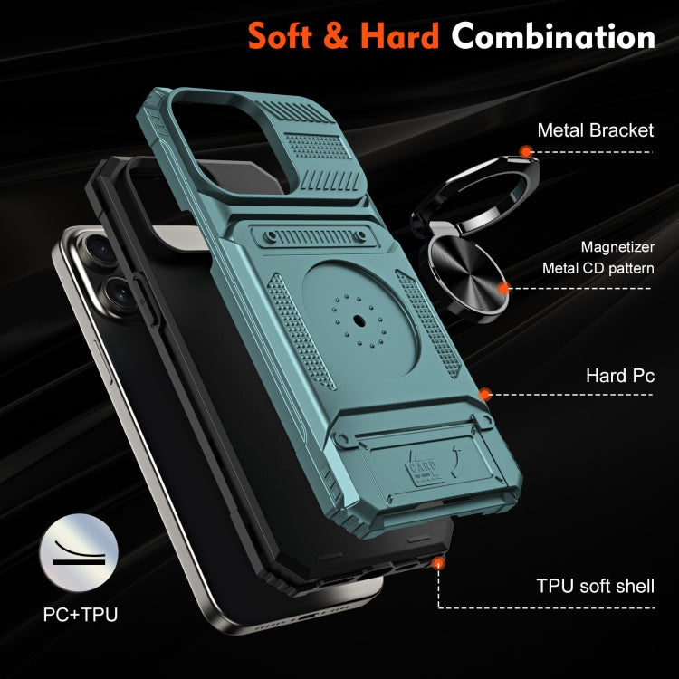 For iPhone 15 Pro Max TPU+PC Shockproof Card Phone Case with Metal Ring Holder(Green) - HoMEdemic™ 