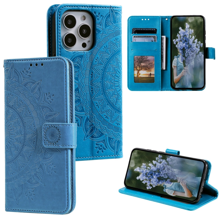 For iPhone 15 Pro Max Totem Flower Embossed Leather Phone Case(Blue) - HoMEdemic™ 