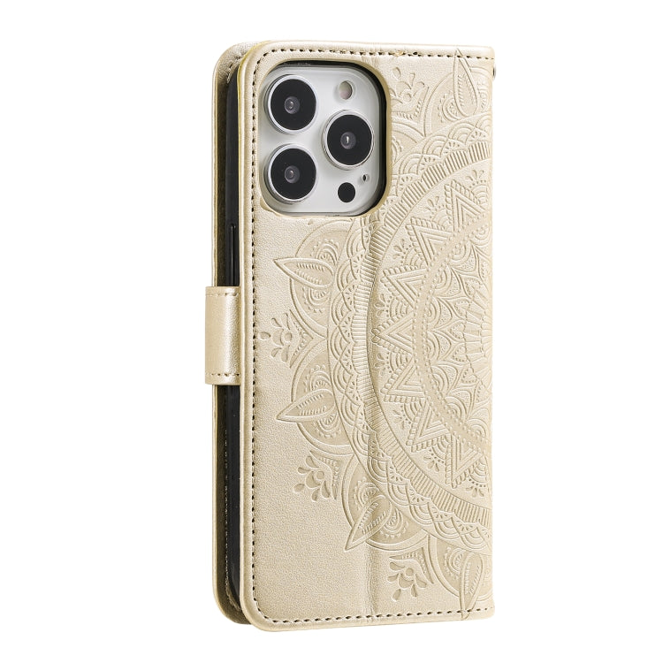 For iPhone 15 Pro Max Totem Flower Embossed Leather Phone Case(Gold) - HoMEdemic™ 