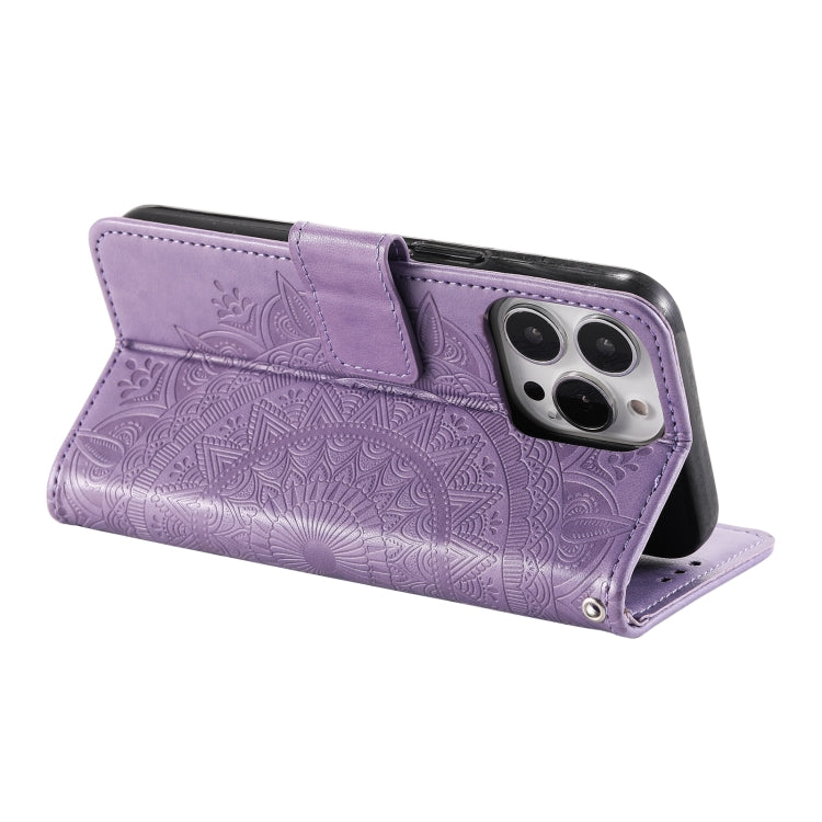 For iPhone 15 Pro Max Totem Flower Embossed Leather Phone Case(Purple) - HoMEdemic™ 