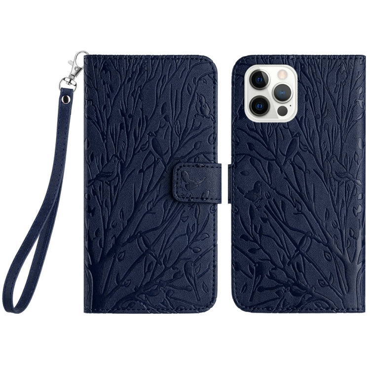 For iPhone 15 Pro Max Tree Birds Embossed Pattern Leather Phone Case(Blue) - HoMEdemic™ 