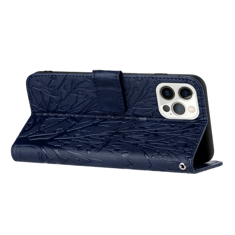 For iPhone 15 Pro Max Tree Birds Embossed Pattern Leather Phone Case(Blue) - HoMEdemic™ 