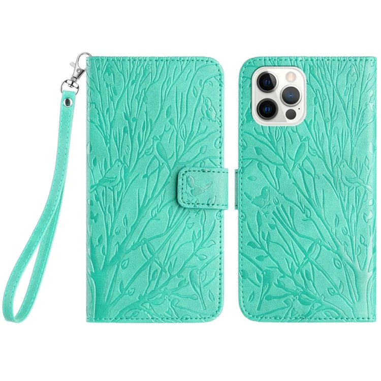 For iPhone 15 Pro Max Tree Birds Embossed Pattern Leather Phone Case(Green) - HoMEdemic™ 