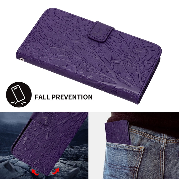 For iPhone 15 Pro Max Tree Birds Embossed Pattern Leather Phone Case(Purple) - HoMEdemic™ 