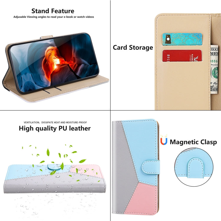 For iPhone 15 Pro Max Tricolor Stitching Horizontal Flip Leather Phone Case(Grey) - HoMEdemic™ 