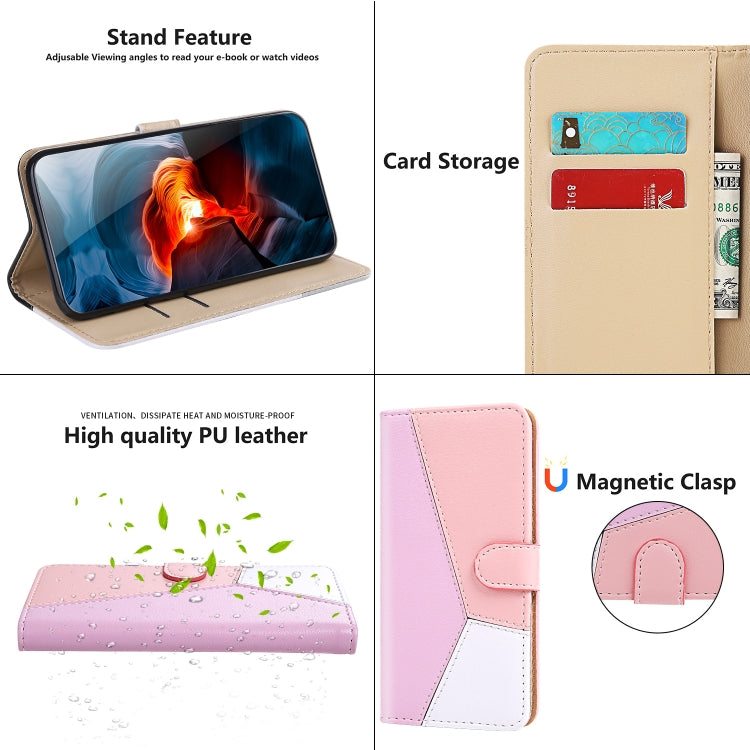 For iPhone 15 Pro Max Tricolor Stitching Horizontal Flip Leather Phone Case(Pink) - HoMEdemic™ 