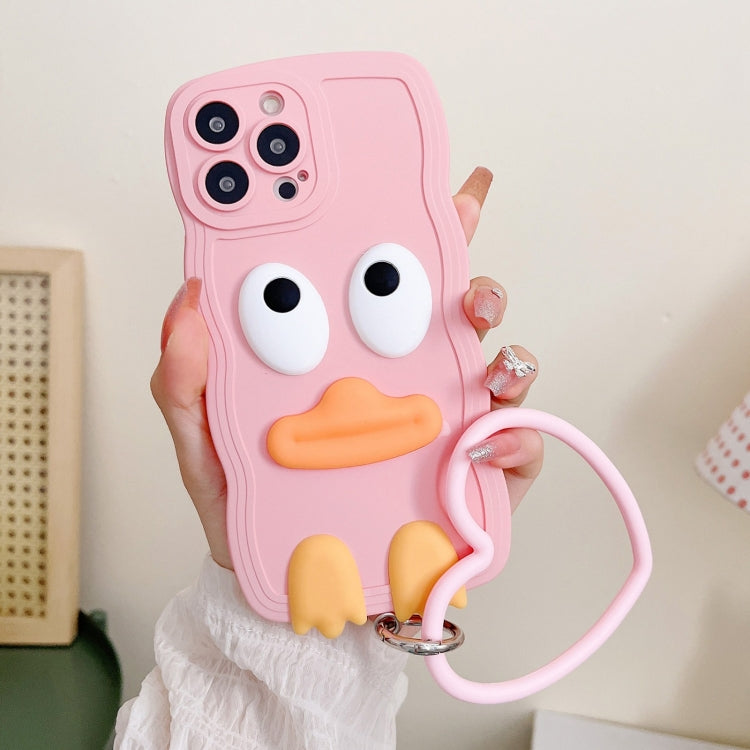 For iPhone 15 Pro Max Wave Edge Big Duck Silicone Phone Case with Wristband(Pink) - HoMEdemic™ 