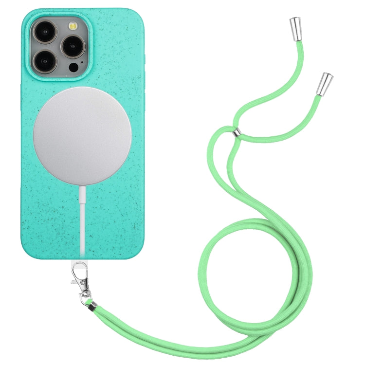 For iPhone 15 Pro Max Wheat MagSafe Magnetic Straw Material + TPU Phone Case with Lanyard(Green) - HoMEdemic™ 