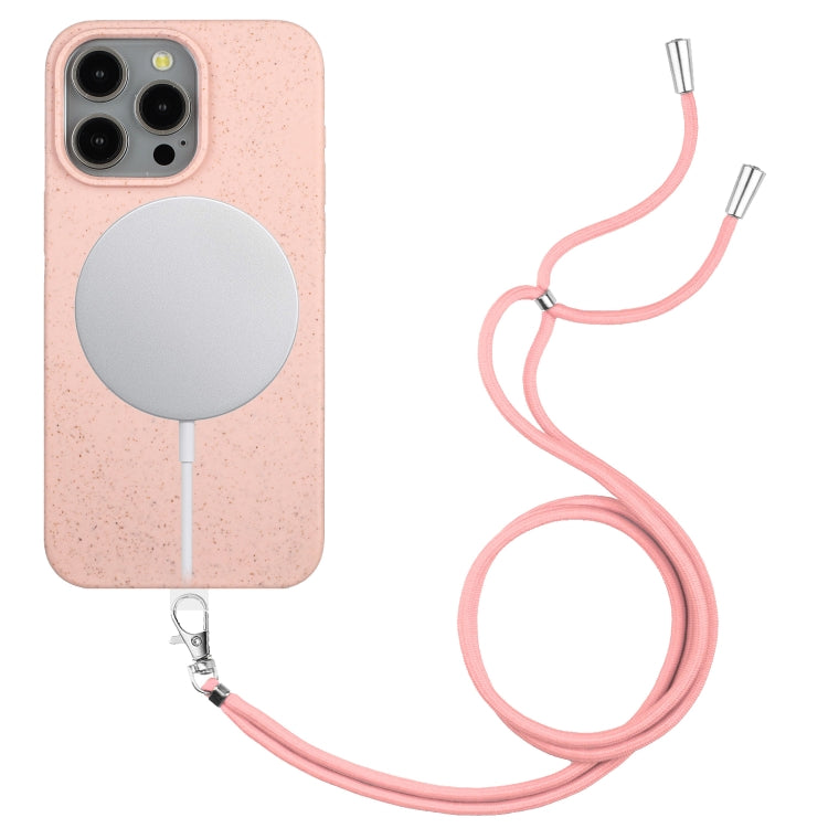 For iPhone 15 Pro Max Wheat MagSafe Magnetic Straw Material + TPU Phone Case with Lanyard(Pink) - HoMEdemic™ 