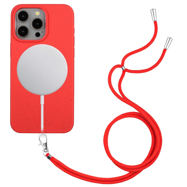 For iPhone 15 Pro Max Wheat MagSafe Magnetic Straw Material + TPU Phone Case with Lanyard(Red) - HoMEdemic™ 